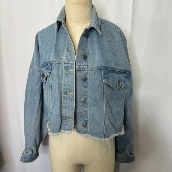 JW Signature Los Angeles Cropped Denim Jacket 3XL Oversized Raw Hem Jean Coat - Picture 2 of 7